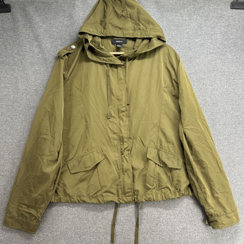 Forever 21 Jacket Womens 2X Plus Army Green Lightweight Hooded Utility Zip Snap